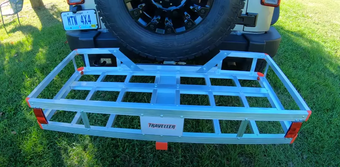 Jeep hitch cargo carrier installed on a Jeep Wrangler JL