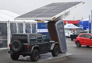 A Jeep Wrangler Charging in an Off-Road Trailheads Jeep Charging Stations