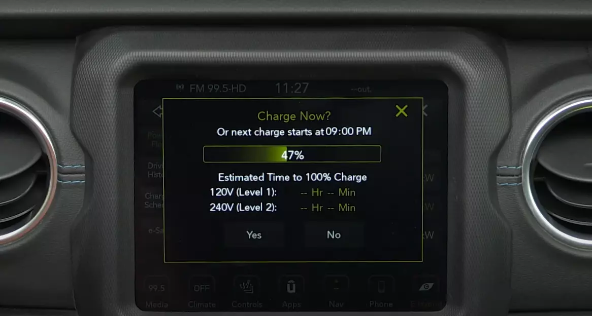 Electric Jeep infotainment system showing estimated time to charge