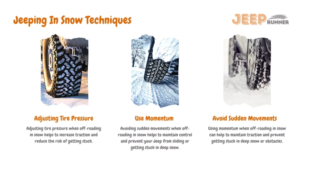 An infographic showing various Jeeping in snow techniques such as adjusting tire pressure, using momentum and avoiding suden movements.