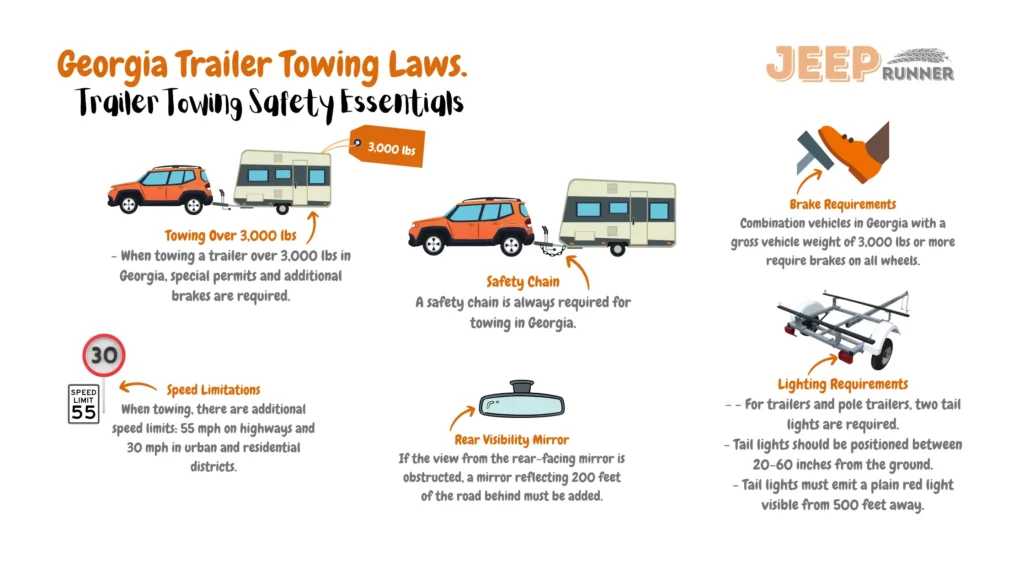 Illustrative image highlighting Georgia trailer towing laws: Combination vehicles ≥ 3,000 lbs require brakes on all wheels. Mandatory safety chain for towing. For trailers and pole trailers, two tail lights are necessary, positioned 20-60 inches from the ground, emitting a plain red light visible from 500 feet away. If rear-facing mirror view obstructed, a mirror reflecting 200 feet of road behind must be added. Towing a > 3,000 lbs trailer necessitates special permits and extra brakes. When towing, additional speed limits apply: 55 mph on highways and 30 mph in urban/residential districts.