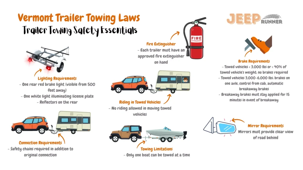 An illustrative image presenting Vermont's trailer towing regulations. The image highlights essential guidelines for towing trailers within the state. Braking requirements stipulate that towed vehicles weighing less than 3,000 lbs or less than 40% of the towing vehicle's weight do not require brakes. Towed vehicles weighing 3,000-6,000 lbs must have brakes on one axle, controllable from the cab, with automatic breakaway brakes that stay applied for 15 minutes in the event of a breakaway. Connection requirements include safety chains in addition to the original connection. Signaling requirements encompass tail lights, brake lights, license plate lights, turn signals, and reflectors. Mirrors must provide a clear view of the road behind. Each trailer must have an approved fire extinguisher on hand. Riding in moving towed vehicles is not allowed. Towing limitations state that only one boat can be towed at a time. These regulations ensure the adherence of safe and compliant trailer towing practices on Vermont's roadways.