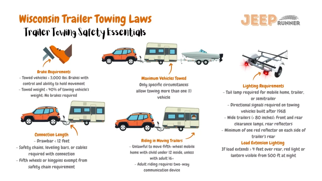 An illustrative image illustrating Wisconsin's trailer towing regulations. The image highlights important directives for towing trailers within the state. Braking requirements state that towed vehicles weighing over 3,000 lbs must have brakes with control and the ability to hold movement. Towed weight less than 40% of the towing vehicle's weight does not require brakes. Connection length regulations require a drawbar under 12 feet, with safety chains, leveling bars, or cables mandatory with the connection. Fifth wheels or kingpins are exempt from the safety chain requirement. Signaling requirements encompass a tail lamp required for mobile homes, trailers, or semitrailers. Directional signals are required on towing vehicles built after 1968. Wide trailers (> 80 inches) must have front and rear clearance lamps, rear reflectors, and a minimum of one red reflector on each side of the trailer's rear. Riding in moving trailers is unlawful for children under 12 inside fifth-wheel mobile homes, unless with an adult 16+ accompanied by a two-way communication device. Load extension lighting requires a red light or lantern visible from 500 ft at night if the load extends over 4 feet over the rear. Towing more than one (1) vehicle is allowed only under specific circumstances. These regulations ensure the adherence of safe and compliant trailer towing practices on Wisconsin's roadways.