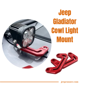 Detailed close-up of the 2020-2024 Jeep Gladiator Cowl Light Mount, It's mounted on a Jeep Gladiator highlighting its sleek design and robust construction for superior off-road performance.