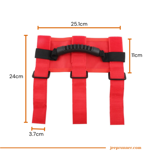 The image displays measurements of the following Jeep Wrangler grab handle components: Non-Slip Pad, Double-Stitched Non-Slip Nylon, Handle Strap, and Natural Rubber Non-slip Handle