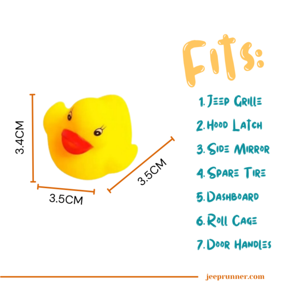 Our image showcases the measurements of these charming rubber ducks, ensuring they snugly enhance your Jeep's personality. From the iconic Jeep grille to the versatile spare tire, hood latch, side mirror, dashboard, roll cage, and door handles—explore the ideal spots to place these delightful ducks and duck your duck duck jeep ducks with style