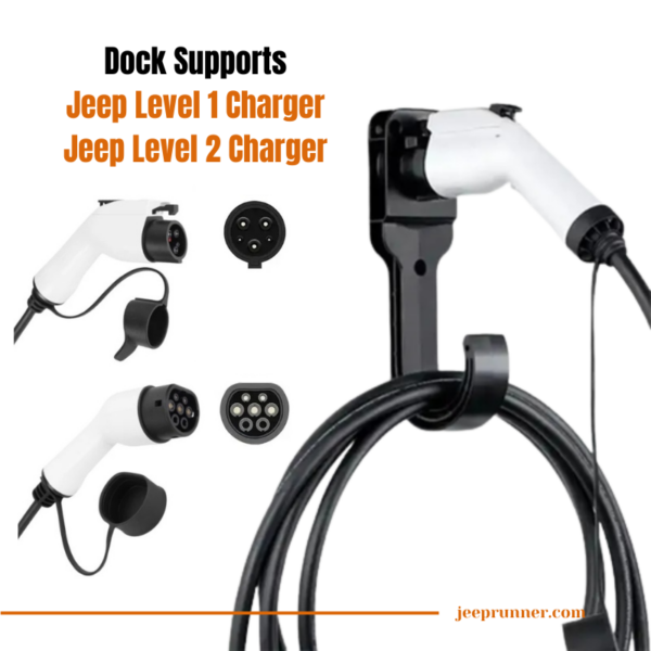 An informative graphic highlighting the Jeep Charger Holster Dock's versatility, demonstrating compatibility with both Jeep Level 1 (SAE J1772) and Level 2 Charger (IEC 62196) heads. The visual underscores the product's adaptability to cater to diverse charging requirements.