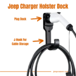 A visual representation of the Jeep Charger Holster Dock, featuring a Plug Dock for neat charging plug storage and a J-Hook providing convenient cable storage.