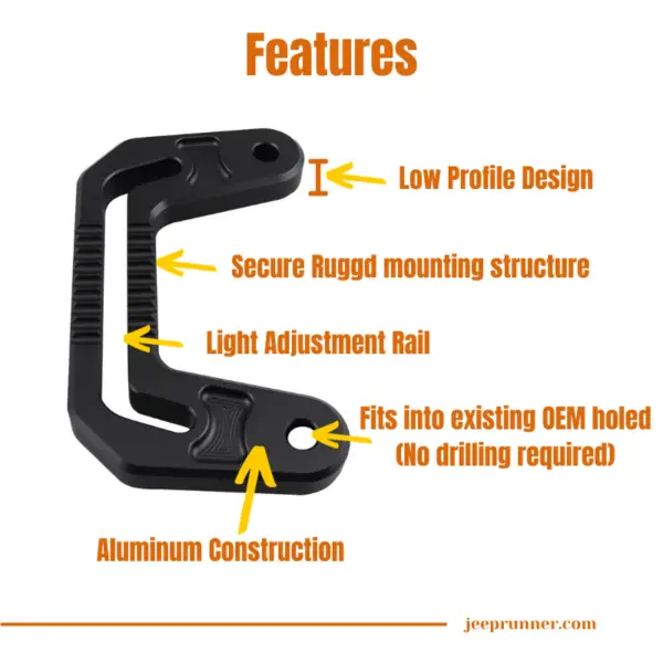 Features of the JeepRunner Cowl Light Mount – Light Adjustment Rail, No-Drill Installation, Low Profile Design, Rugged Mounting Structure, and Robust Aluminum Construction