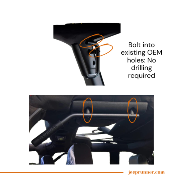 An illustrative view of the two bolt-in installation points for each front and rear Jeep grab bars, with the statement 'Bolt into existing OEM holes: No drilling required