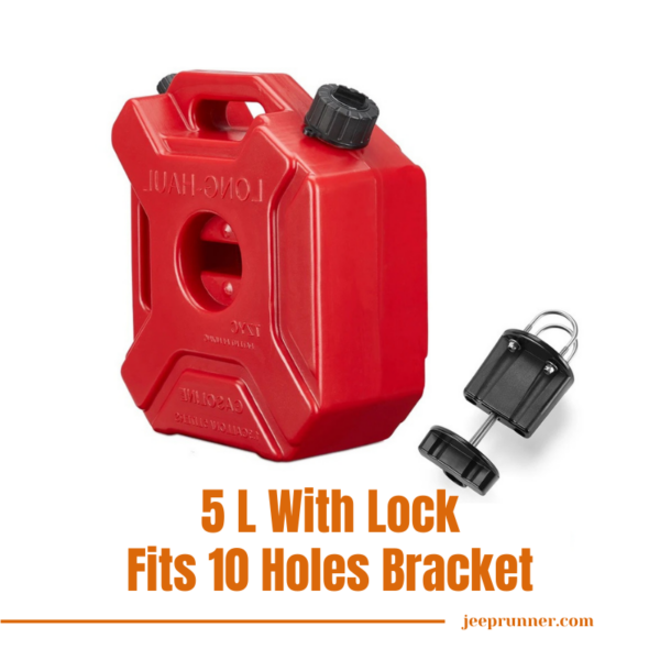 A focused image highlighting the locking mechanism of the Jeep Jerry Can Side Mount paired with the accompanying 5L lockable container. Specifically crafted for Jeep Wrangler JK JKU (2007-2022), Jeep Wrangler Gladiator JT (2020-2023), Jeep Sport Unlimited (2022), or Jeep Wrangler JL JLU (2018-2023)