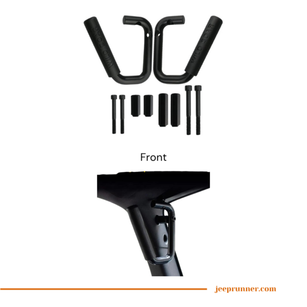 Flat lay image displaying two front grab bars for Jeep Wrangler, each secured with four bolts. The grab bars are made of 3-4 inches solid steel tubing, showcasing their robust durability and strength. A rust-resistant finish with e-coating and black powder coating is evident.