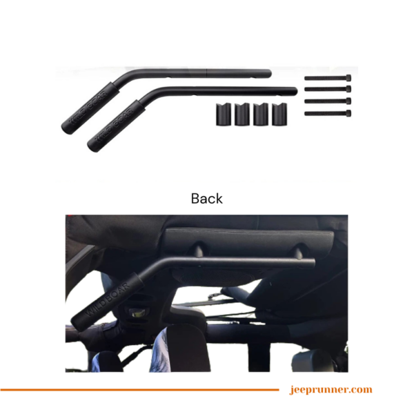 Flat lay image illustrating two rear grab bars designed for Jeep Wrangler. These bars are attached using four bolts each. Crafted from sturdy 3-4 inches solid steel tubing, they offer exceptional durability and strength. The bars are coated with a rust-resistant finish through e-coating and black powder coating.